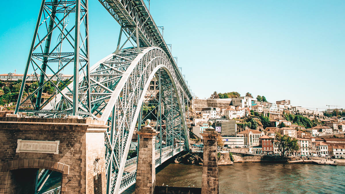 dom luis I-bridge made in metal with two floors crosses the douro river from ribeira to vila nova de gaia in porto portugal